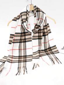 1pc Multicolor Plaid Faux Cashmere Scarf With Tassels, Suitable For Daily Commuting And Outfit Matching - White - View 5