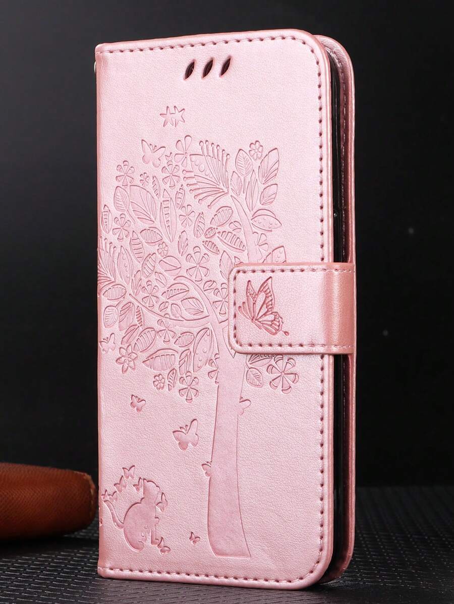Baby Pink Butterfly & Cat Tree Pattern Phone Case Compatible With IPhone/Samsung/Pixel/MOTO - Rose Gold - View 1