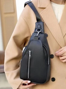新款女式胸前斜挎袋，休閒皮革多口袋斜挎郵差肩袋，復古腰包適用於戶外旅行通勤防水日常使用小包，寬帶可調節 - 黑色 - 查看 1
