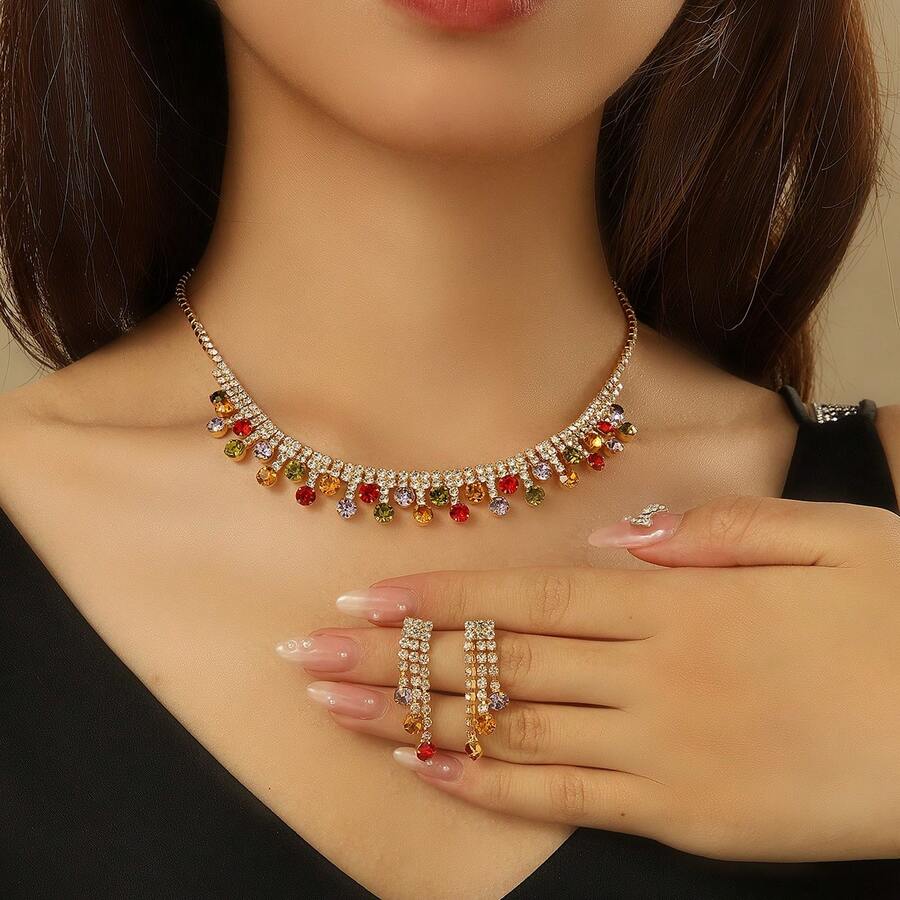 1對耳環+ 1條項鍊優雅的珠寶套裝,銀色鍍層鑲嵌閃亮的鑽石選擇您喜歡的顏色,配搭日常裝扮派對配件 - 銀色 - 查看 1