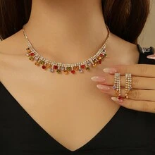 1對耳環+ 1條項鍊優雅的珠寶套裝,銀色鍍層鑲嵌閃亮的鑽石選擇您喜歡的顏色,配搭日常裝扮派對配件 - 銀色 - 查看 2