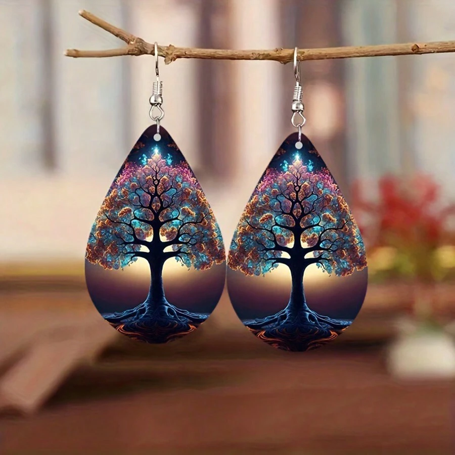 1 pair of elegant rainbow tree of life willow tree teardrop earrings