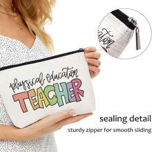 1個高密度亞麻化妝包,有字母印花 - 米色 - 查看 7