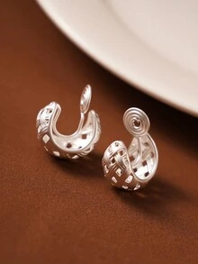 一对个性化多功能网格镂空铜电镀夹式耳环，非常适合没有耳洞的女性日常佩戴 - 銀色-耳夾 - 查看 9