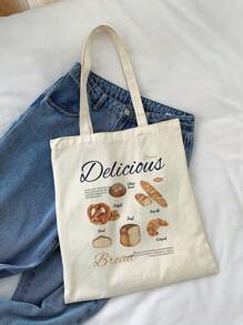 1pc Stylish Beige Canvas Tote Bag With Bread & Letter Print Design For Women, Shopping Bag