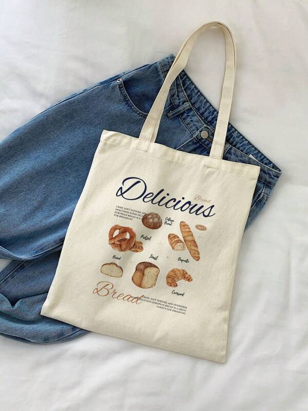 1pc Stylish Beige Canvas Tote Bag With Bread & Letter Print Design For Women, Shopping Bag