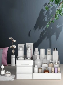 1pc White/Pink Double Layer Jewelry & Cosmetic Organizer Box With Lipstick Grid - White - View 6