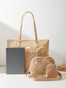 Thích hợp Đối với Đi du lịch , Ba-mảnh Của phụ nữ Sự phối hợp Cái túi , Đúng mốt Hình kim cương Dập nổi Màu thuần Cầm tay Túi đeo chéo , Dung lượng lớn Túi tote - Màu be - Xem 4