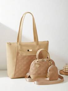 Thích hợp Đối với Đi du lịch , Ba-mảnh Của phụ nữ Sự phối hợp Cái túi , Đúng mốt Hình kim cương Dập nổi Màu thuần Cầm tay Túi đeo chéo , Dung lượng lớn Túi tote - Màu be - Xem 1