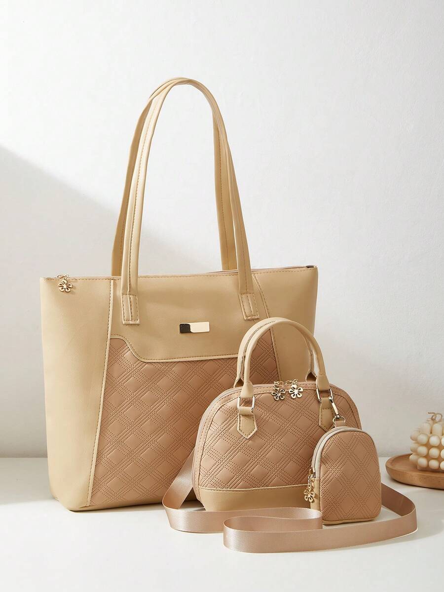 Thích hợp Đối với Đi du lịch , Ba-mảnh Của phụ nữ Sự phối hợp Cái túi , Đúng mốt Hình kim cương Dập nổi Màu thuần Cầm tay Túi đeo chéo , Dung lượng lớn Túi tote - Màu be - Xem 1