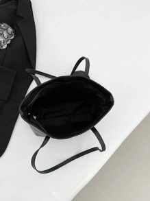 母女 2 件/套时尚手提包，包括零钱包、大容量网格/纯色手提包（带缝合折痕）、单肩包、斜挎包、带小钱袋的女包 - 黑色 - 查看 5