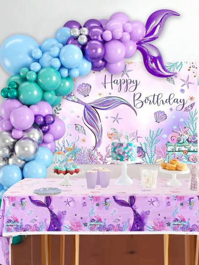 109pcs, Mermaid Tail Pattern Balloon Arch Kit, 1pc Mermaid Tail Decorative Backdrop Banner, 1pc Beauty Tail Style Table Cloth, Confetti Balloon Suit Combination Mermaid Birthday Party Background Decoration