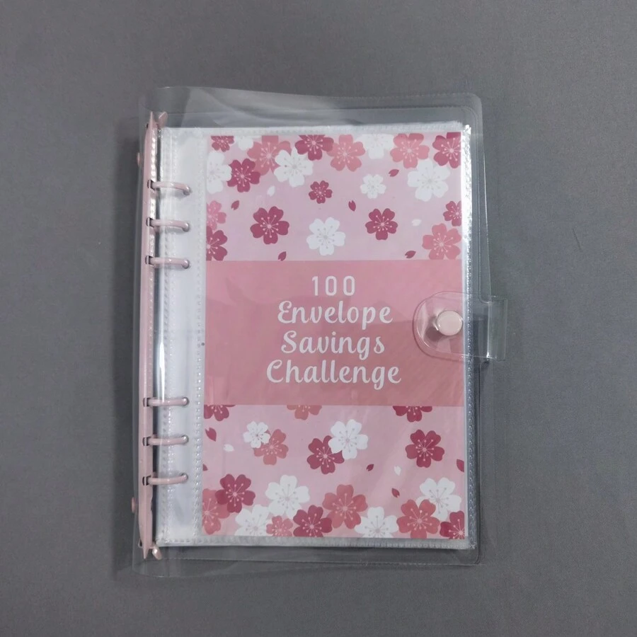 100日存錢挑戰活頁筆記本,夫妻用現金信封預算計劃提案 - 透明粉紅色櫻花 - 查看 1