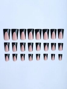 24入組XXL鴨仔壓克力假指甲，黑色法式邊緣設計，適用於女孩和女性，附贈果凍膠1片及磨砂條1片 - 彩色 - 查看 3