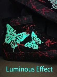 女士定制手繪塗鴉印花彩墨視覺蝴蝶設計高筒平底帆布鞋,男女皆宜的理想禮物,適用於春夏秋季。注：每雙鞋子都有獨特的圖案 - 黑色 - 查看 3