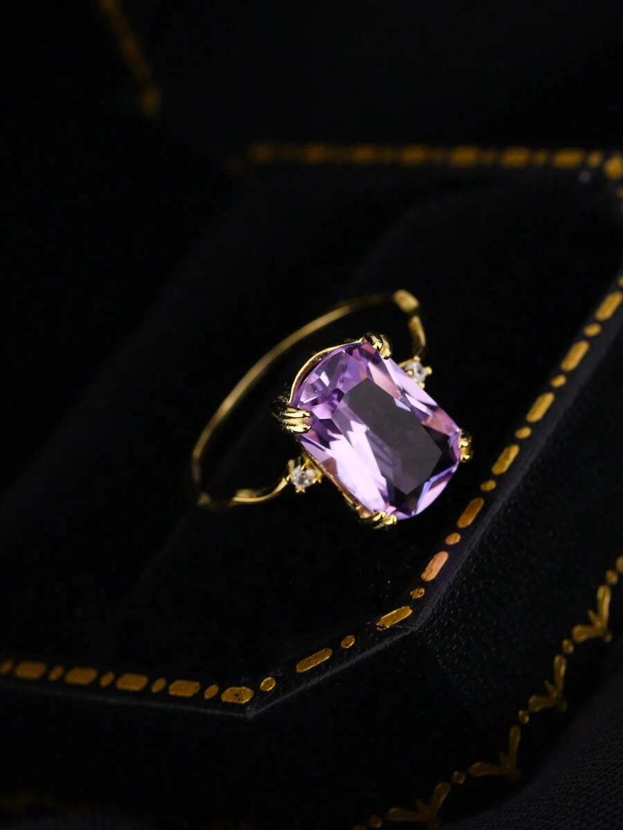 1pc 925 Sterling Silver 14K Gold Plated Amethyst Crystal Wavy Square Design Ring, Dreamy Lavender Matching, Best Gift For Lover - Gold - View 1
