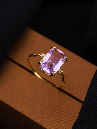 1 件 925 纯银 14K 镀金紫水晶波浪方形设计戒指，梦幻薰衣草搭配，送给爱人的最佳礼物