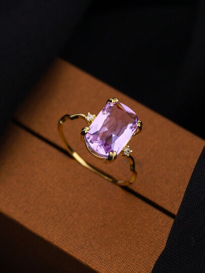 1 buc Inel din Argint 925 Placat cu Aur de 14K, cu Cristal de Ametist, Design Pătrat Ondulat, Asortat cu Lavandă Visătoare, Cel Mai Bun Cadou pentru Îndrăgostiți