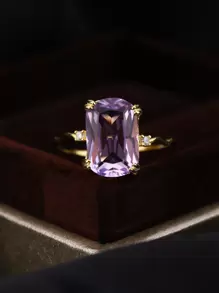 925 Sterling Silver Dreamy Lavender Amethyst Faceted Square Wave Design Ring, Boxed Style Randomized