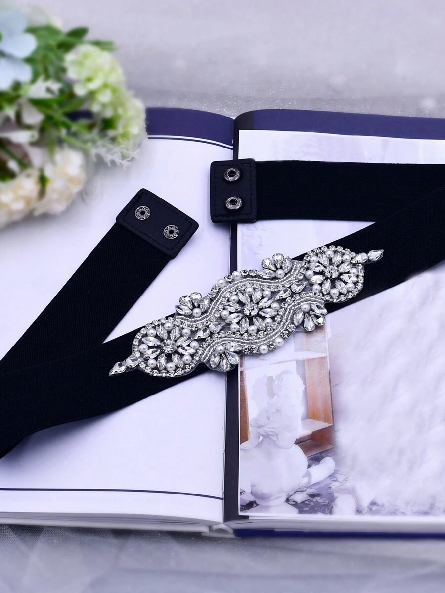 1條時尚的彈性腰帶,鑲有鑽石和珍珠裝飾,適合晚宴晚禮服,寬鬆服裝配件 - 銀色 - 查看 1