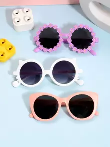 3 件装 6-12 岁女孩圆形聚碳酸酯猫眼雏菊小猫卡通时尚眼镜适合日常使用 - 彩色 - 查看 1