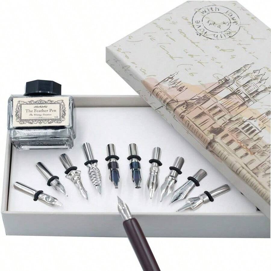 Calligraphy Set For Beginners Quill Pen And Ink Set Fancy Pens With Black Ink And 11 Nibs For