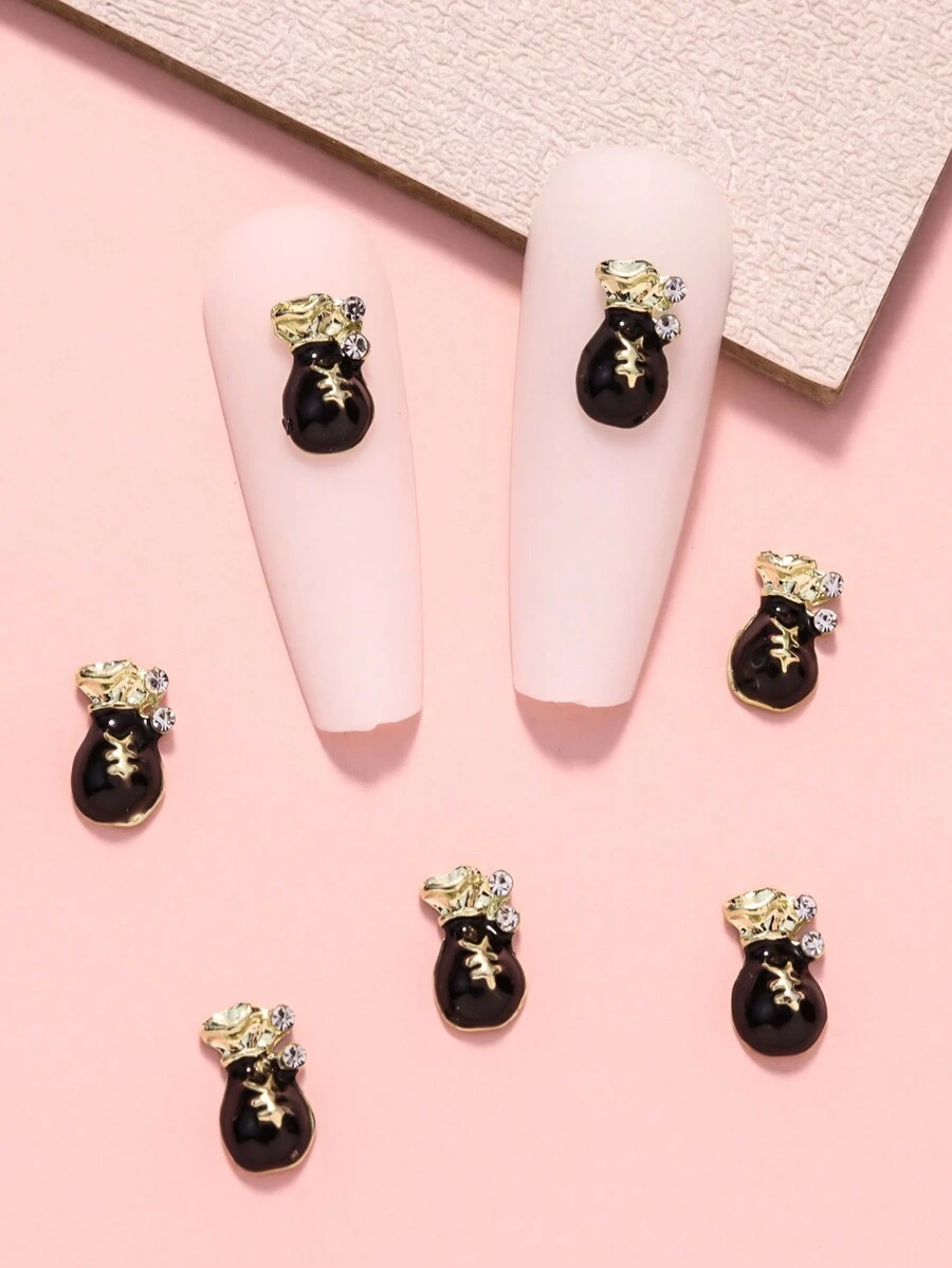 10pcs/Set New Year Metal Happy Money Bag Shape Nail Art Decorations With Rhinestones And Oil Drop Effect - Black - View 1