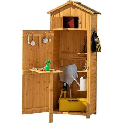 Verktygsskjul, trädgårdsskåp med hyllor & 8 krokar, trädgårdsskjul med sadeltak för trädgård & terrass, 70 x 35,5 x 176cm natur