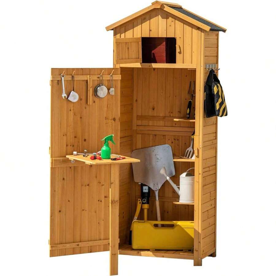 Tool Shed, Garden Cabinet With Shelves & 8 Hooks, Garden Shed With Gable Roof For Garden & Terrace, 70 X 35.5 X 176cm Natural - Brown - View 1