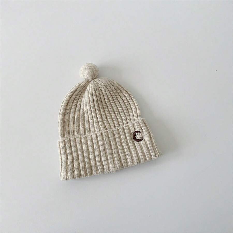 1 件兒童月亮造型刺繡針織帽,冬季保暖 - 米色 - 查看 1