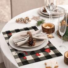 1pc Valentine'S Day Plaid Heart Dwarf Elf Printed Linen Table Mat, Heat Insulation Placemat Coaster - Multicolor - View 5