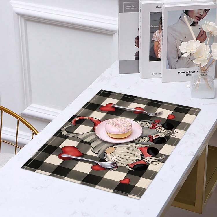 1pc Valentine'S Day Plaid Heart Dwarf Elf Printed Linen Table Mat, Heat Insulation Placemat Coaster - Multicolor - View 4