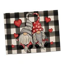 1pc Valentine'S Day Plaid Heart Dwarf Elf Printed Linen Table Mat, Heat Insulation Placemat Coaster - Multicolor - View 6