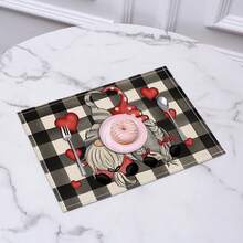 1pc Valentine'S Day Plaid Heart Dwarf Elf Printed Linen Table Mat, Heat Insulation Placemat Coaster - Multicolor - View 3