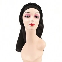 1只彈性薩丁絲做的睡帽,配有可調節的鬆緊帶,適用於舒適睡眠和長披辮、捲髮造型 - 黑色 - 查看 2