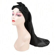 1只彈性薩丁絲做的睡帽,配有可調節的鬆緊帶,適用於舒適睡眠和長披辮、捲髮造型 - 黑色 - 查看 3