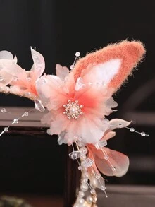 1個兔/狐/貓耳朵絨毛球髮箍,適用於女孩傳統漢服髮飾復古風格 - 彩色 - 查看 2