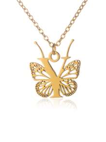 1入單一金色不銹鋼字母a-z首飾蝴蝶墜項鍊,適合女性,節日禮物 - 金色 - 查看 35