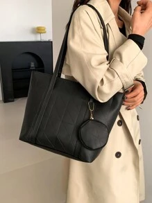 母女 2 件/套时尚手提包，包括零钱包、大容量网格/纯色手提包（带缝合折痕）、单肩包、斜挎包、带小钱袋的女包 - 黑色 - 查看 7