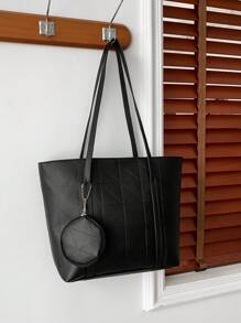 母女 2 件/套时尚手提包，包括零钱包、大容量网格/纯色手提包（带缝合折痕）、单肩包、斜挎包、带小钱袋的女包 - 黑色 - 查看 8