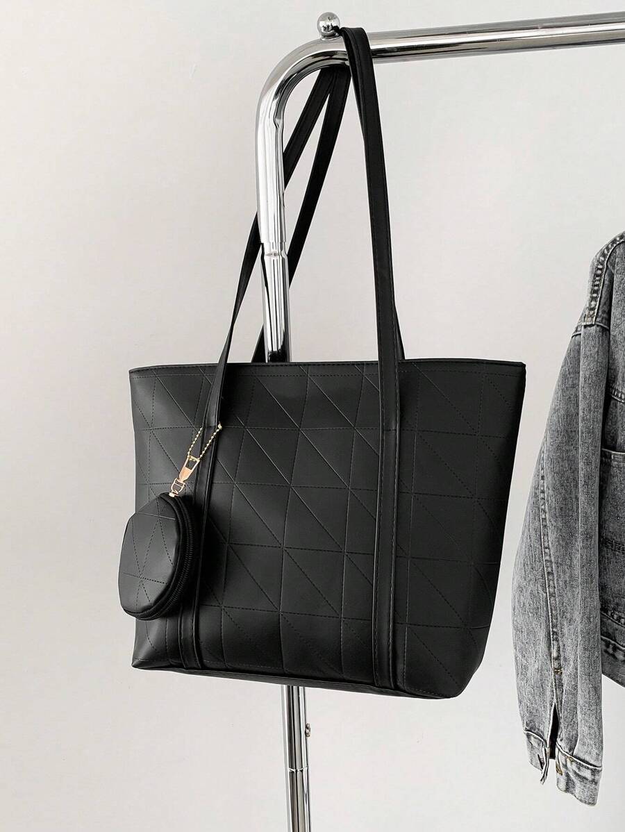 母女 2 件/套时尚手提包，包括零钱包、大容量网格/纯色手提包（带缝合折痕）、单肩包、斜挎包、带小钱袋的女包