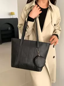 母女 2 件/套时尚手提包，包括零钱包、大容量网格/纯色手提包（带缝合折痕）、单肩包、斜挎包、带小钱袋的女包 - 黑色 - 查看 6