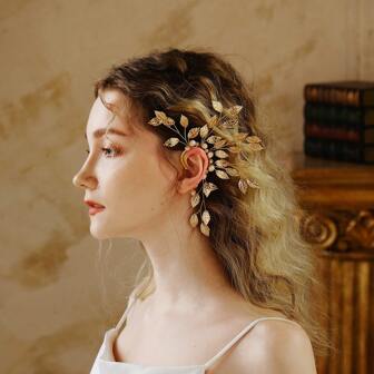 1pc Exaggerated Hand-Woven Golden Leaf Elf Clip-On Ear Cuff, Suitable For Women's Daily Wear And Gift-Giving