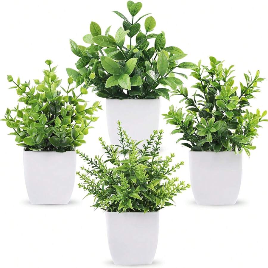 1PC/2PCS/3PCS/4PCS White Flower Pots Artificial Plants With Small Artificial Fake Plants, Including Flower Pots For Indoor Home Decoration, Office Centerpieces, Bathroom And Bedroom Decoration, With Plastic Eucalyptus And Miniature Wheatgrass Plants, Perfect For Indoor Desk Artificial Plant Decoration
