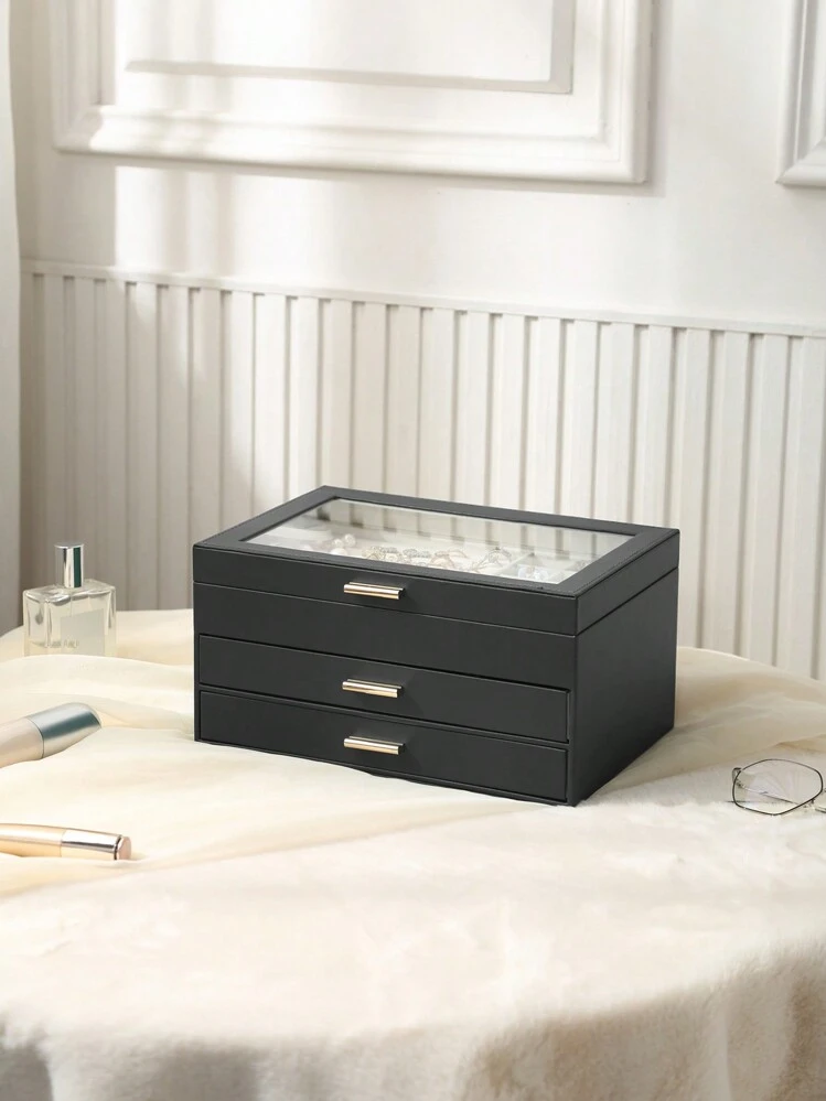 V-Lafuylife Portagioie Da Donna In Pelle PU, 4 Strati Con 3 Cassetti, Grande Capacità Per Anelli, Collane, Bracciali, Orecchini, Bianco - 3
