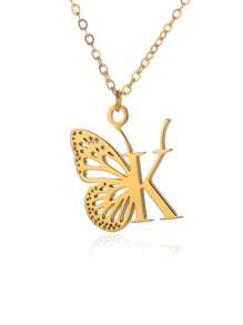 1入單一金色不銹鋼字母a-z首飾蝴蝶墜項鍊,適合女性,節日禮物 - 金色 - 查看 13