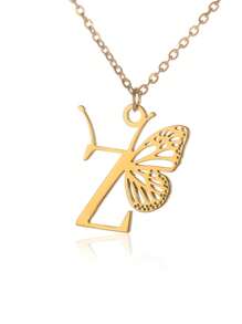 1入單一金色不銹鋼字母a-z首飾蝴蝶墜項鍊,適合女性,節日禮物 - 金色 - 查看 33