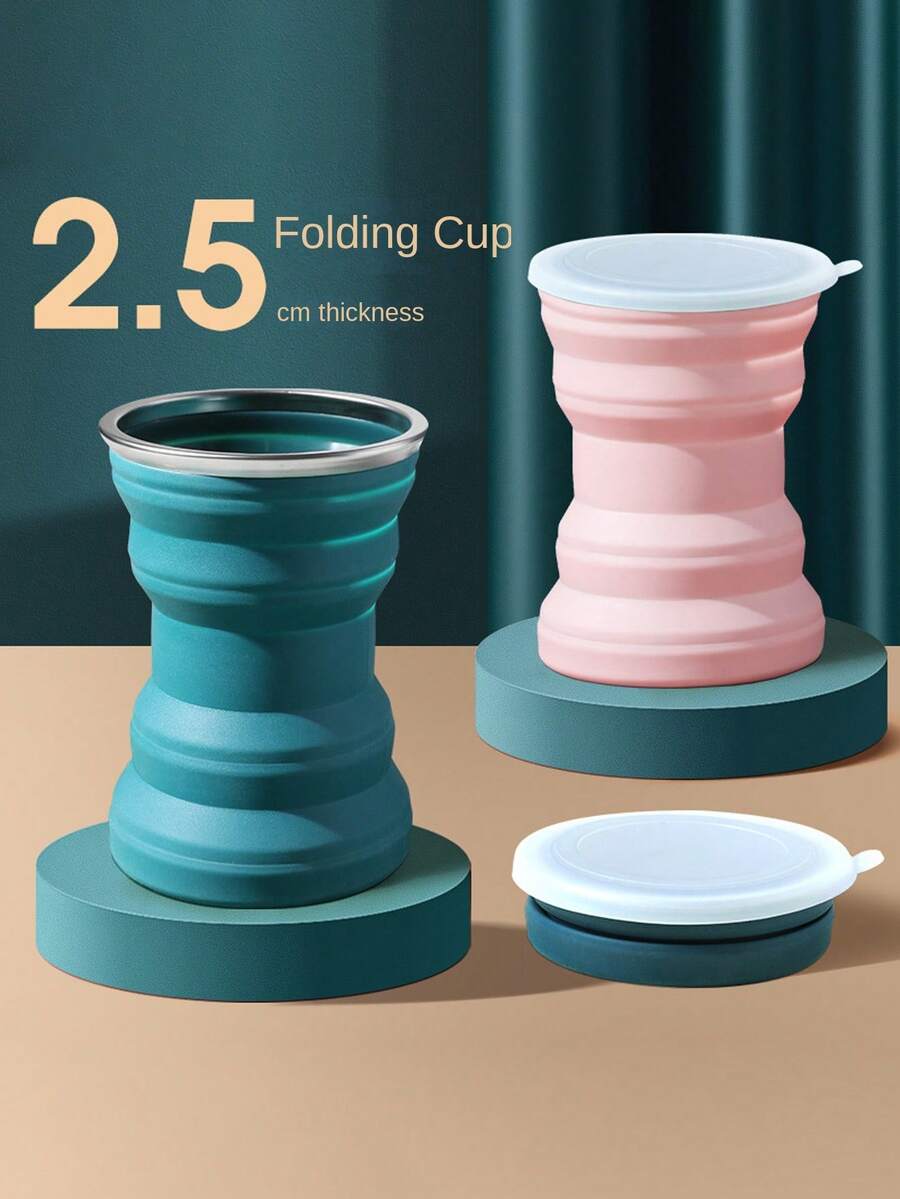 1只矽膠折疊杯具有蓋子,便攜迷你伸縮杯,戶外旅行杯,露營杯 - 灰湖藍 - 查看 1