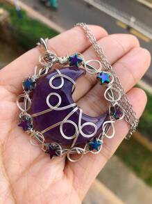 Natural Amethyst Gems Moon Star Crystal Pendant Necklace Magic Reiki Healing Chakra Amulet