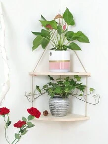 1pc Wall Wooden Decorative Sling Storage Rack Fan-Shaped Wall Storage Rack Fan-Shaped Rope Partition Living Room Wall Decoration Rope Partition Wall Hanging Flower Pot Decoration Storage Rack - Beige - View 1